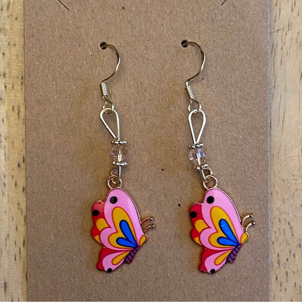 Hand Crafted Pink Butterfly Beaded Dangle Earrings
